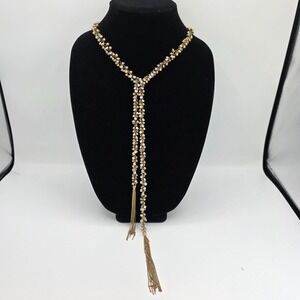 Natasha Womens Gold Tone With Clear Rhinestone Tassel Necklace Signed 49"‎